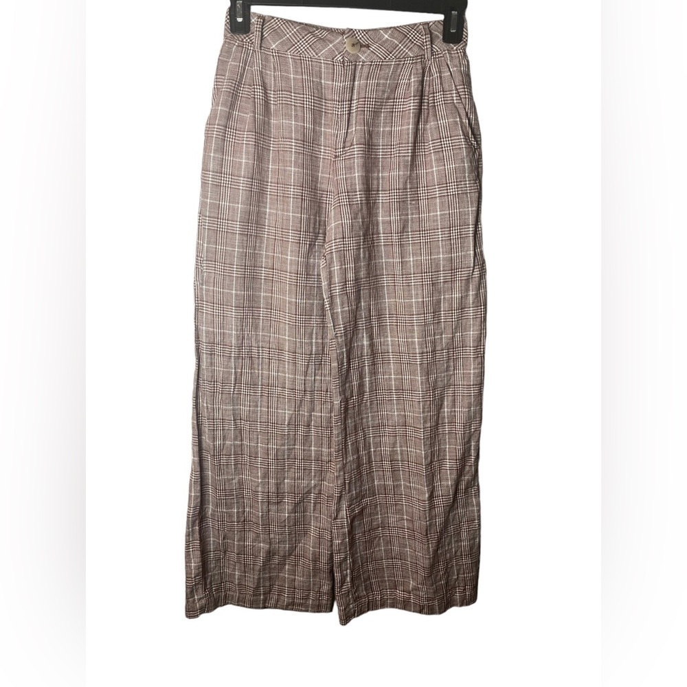 Maeve Pleated Plaid Brown High Rise Linen Wide Leg Trousers Pants - Picture 4 of 9